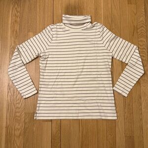 Lands' End Shirt Womens Cream Brown Striped Turtleneck Long Sleeve Stretch Sz M